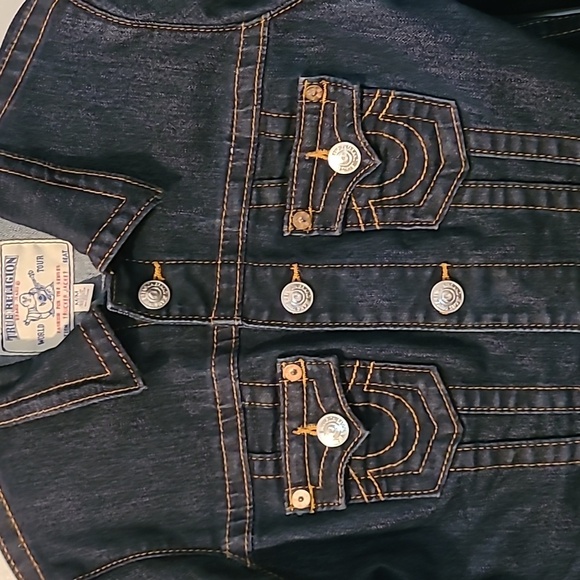 True Religion Mens Medium Dark Blue Denim World Tour Trucker Jacket Streetwear - Picture 3 of 16